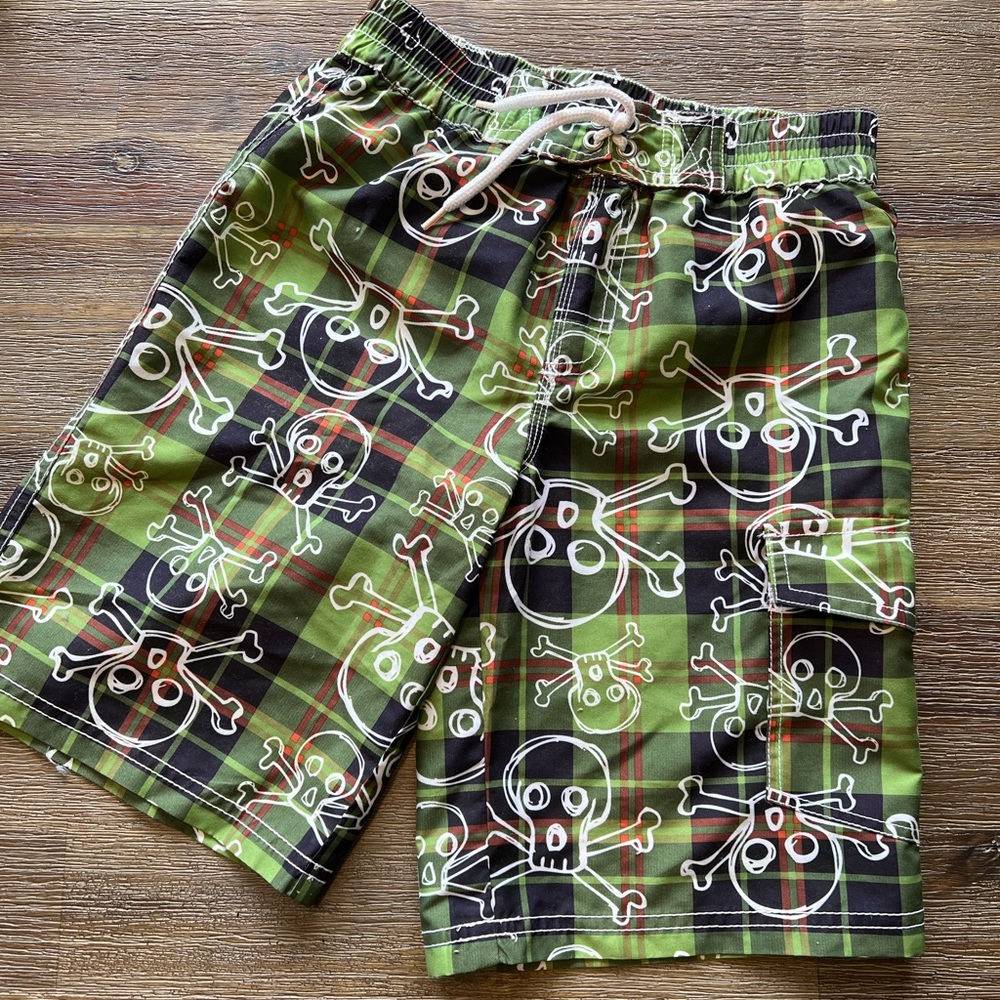 Boys Crazy 8 Brand Skull/Plaid Swim Trunks